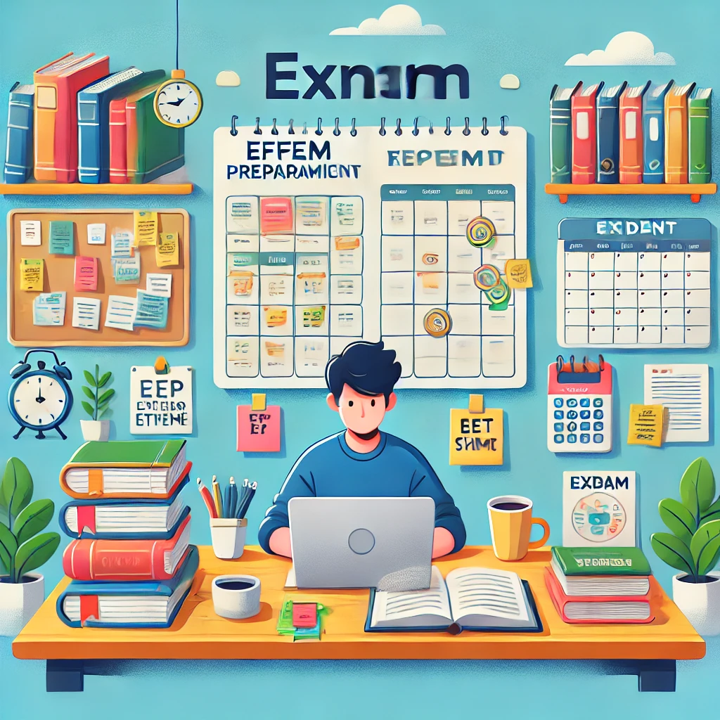 
"Focused student sitting at a desk with books, a laptop, and motivational tools, creating an ideal study environment for effective exam preparation."