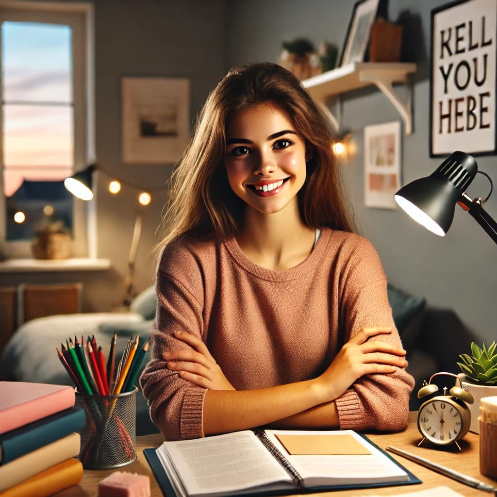 A woman sitting at a desk with her arms crossed, contemplating strategies for becoming a smart student, focused on academic success.