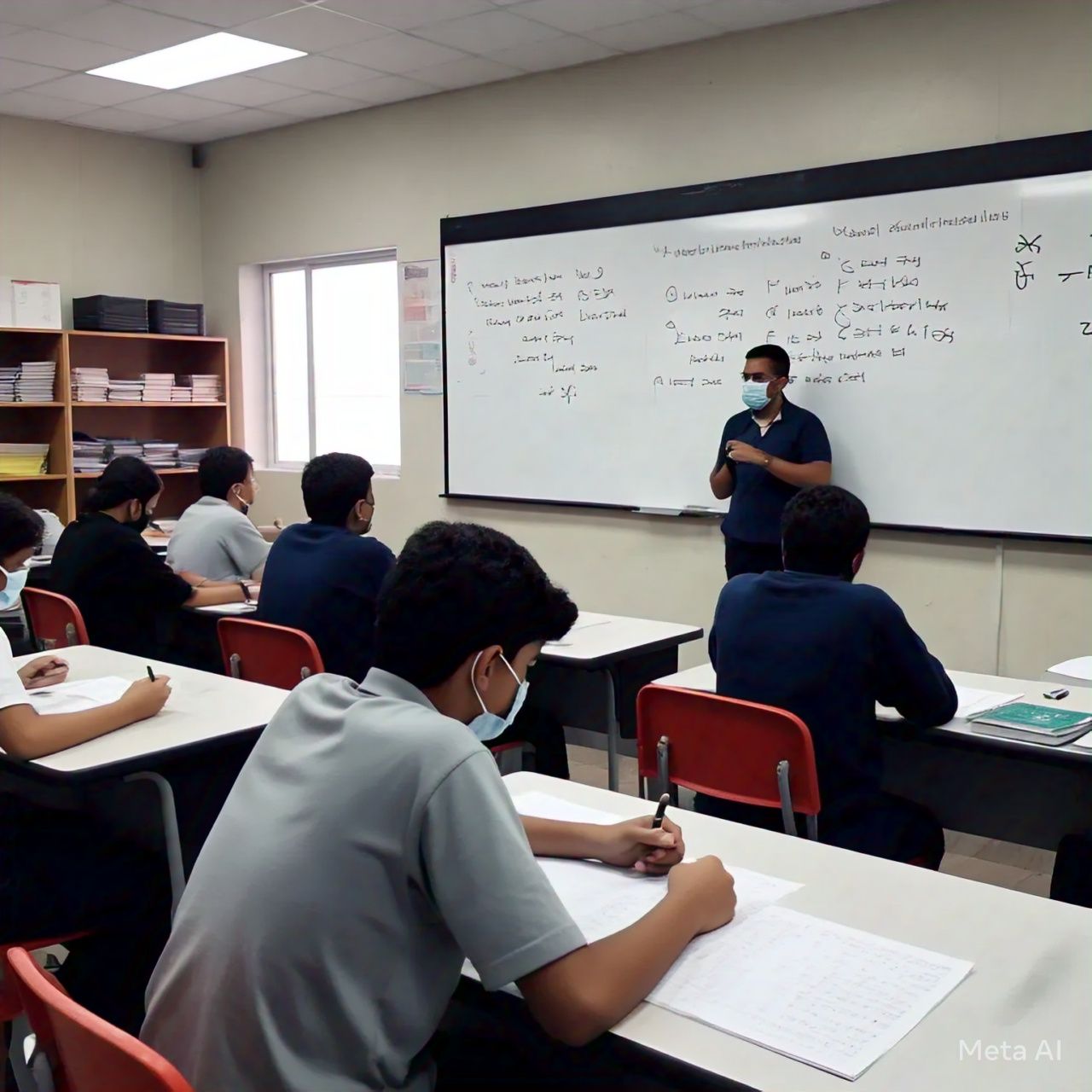 An illustration of a student studying mathematics symbols, surrounded by math formulas and equations.