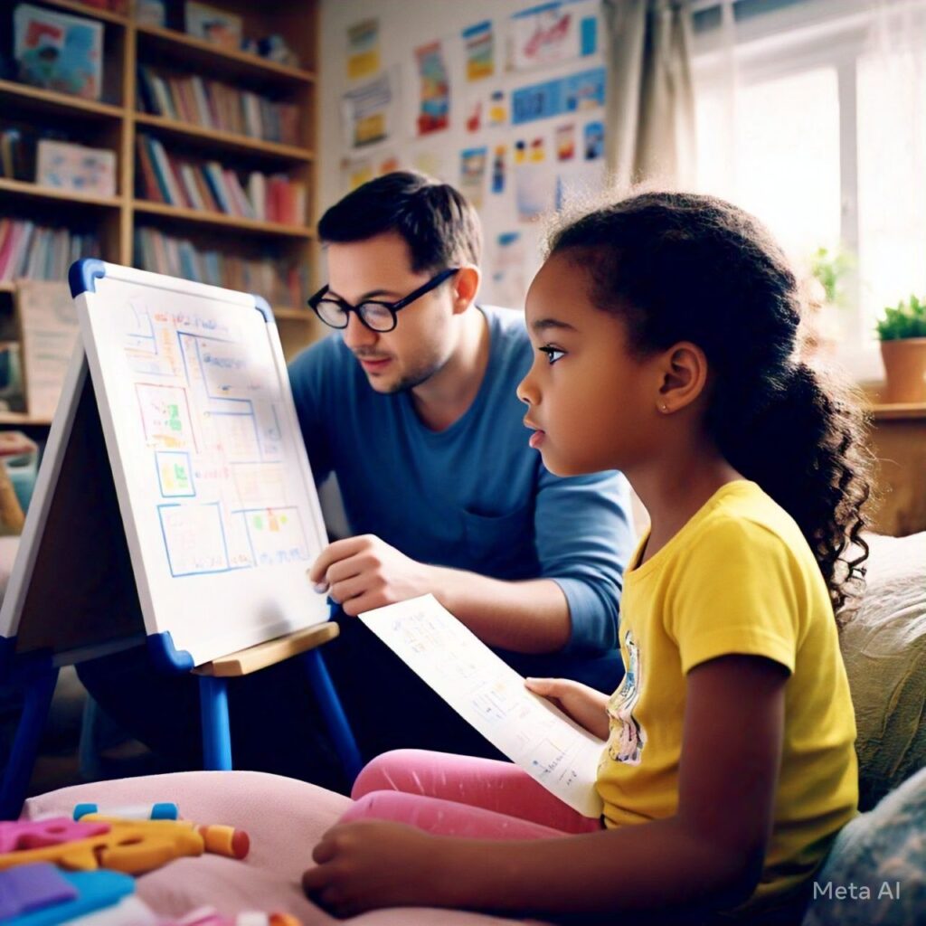 An illustration of a child engaging in math activities at home, surrounded by math toys and games.