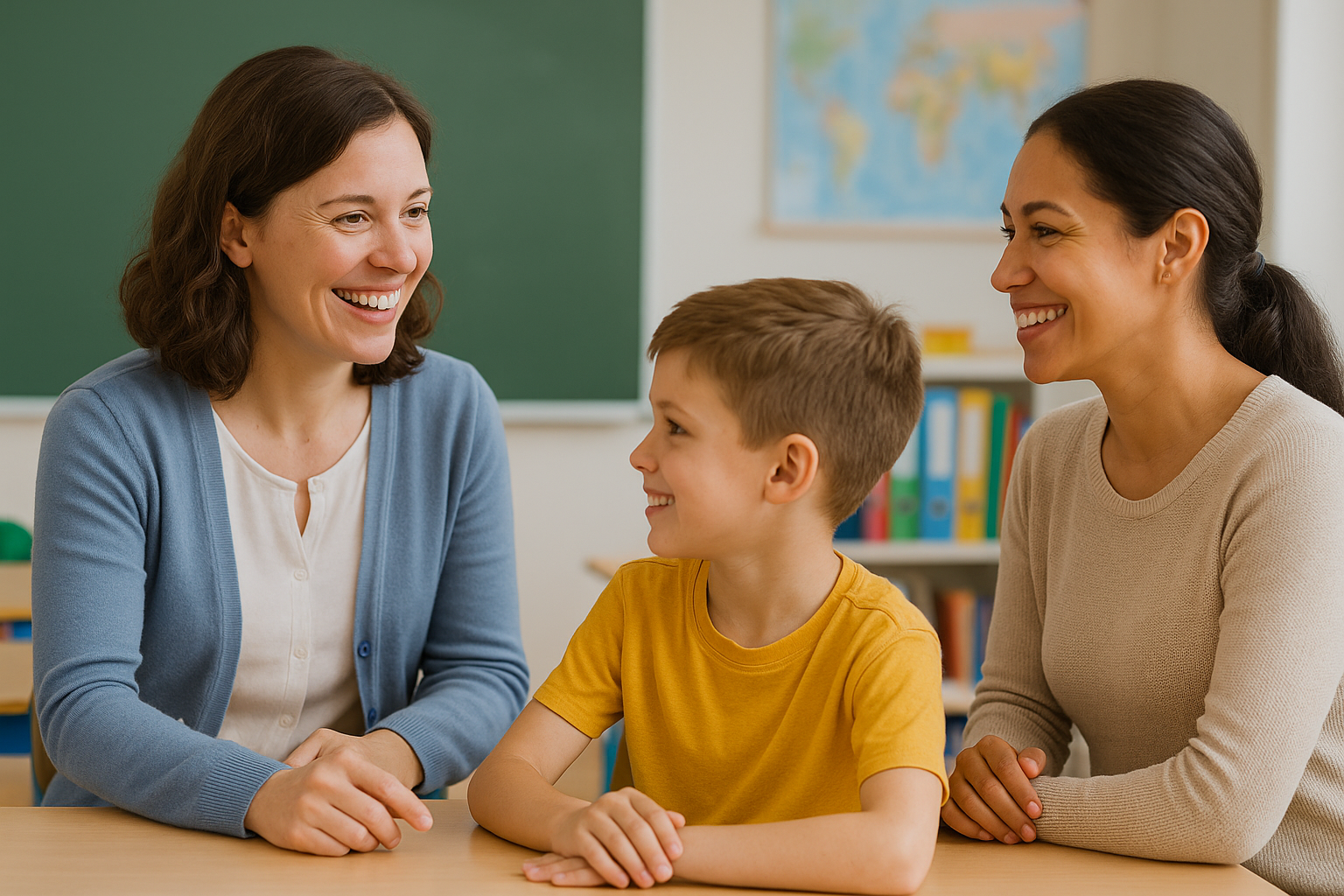 Teacher and parent smiling together in a classroom, with a child present, symbolizing strong and positive parent teacher relationships.