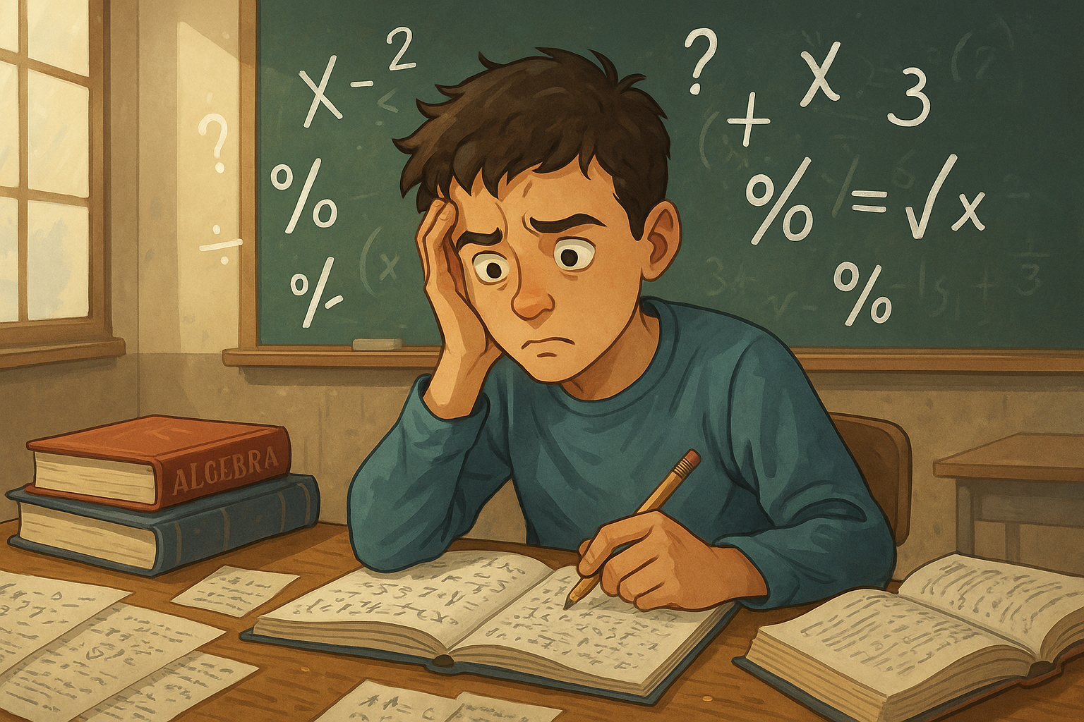 In common mistakes A student struggling with algebra homework, surrounded by books and notes in a classroom, looking confused