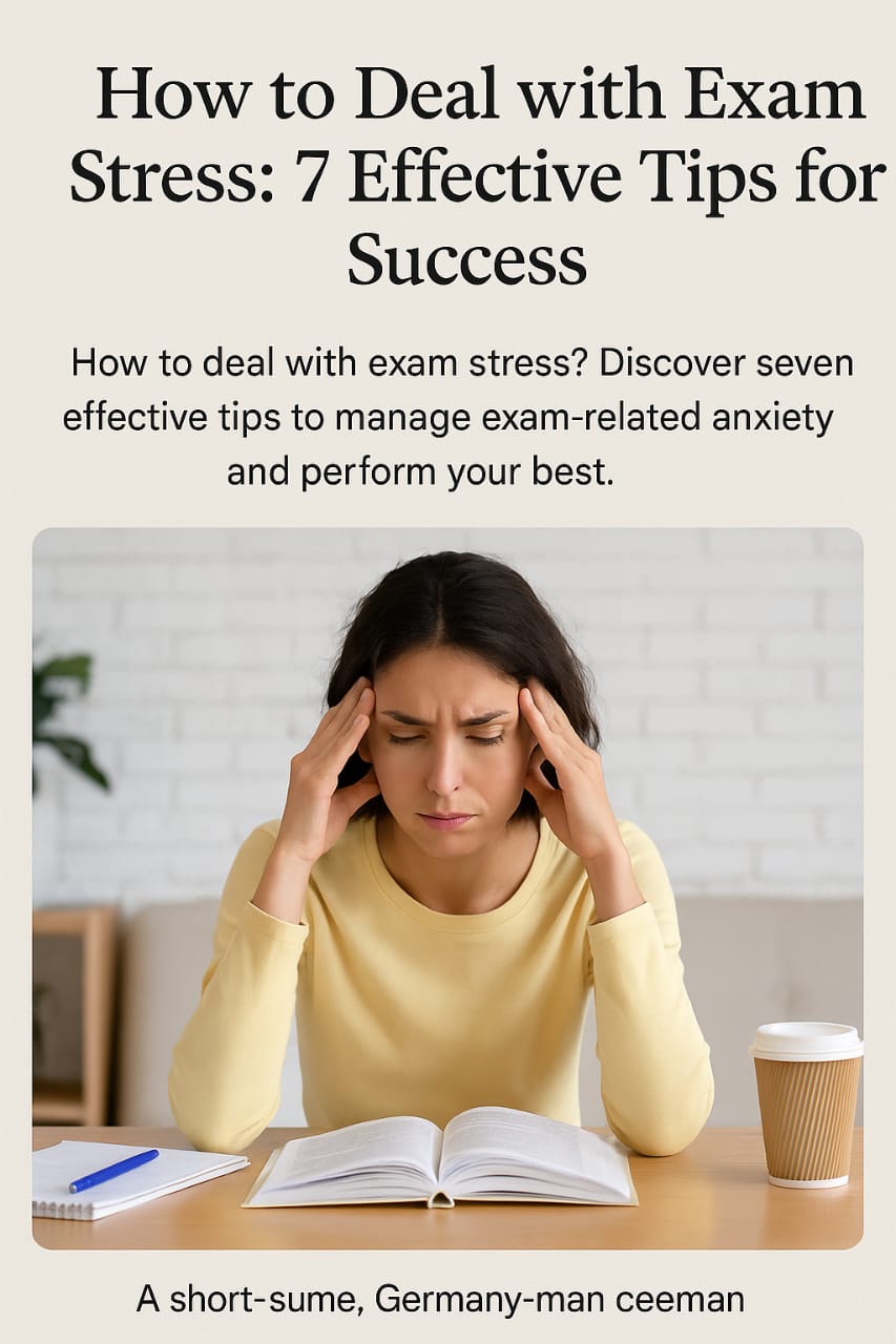 A student experiencing exam stress while studying, showing frustration with books and coffee on the table in a calm environment.