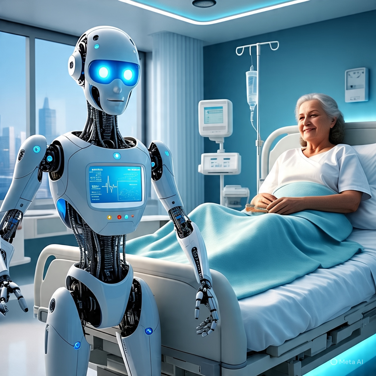 Futuristic AI-powered medical interface displaying human anatomy and diagnostics in a high-tech hospital setting with a doctor present.